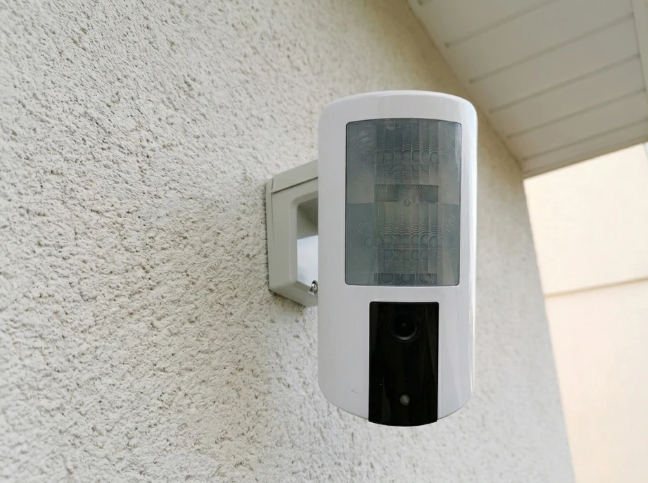 Dispositif de sécurité extérieur fixé sur mur en stuc blanc, sous une avancée de toit