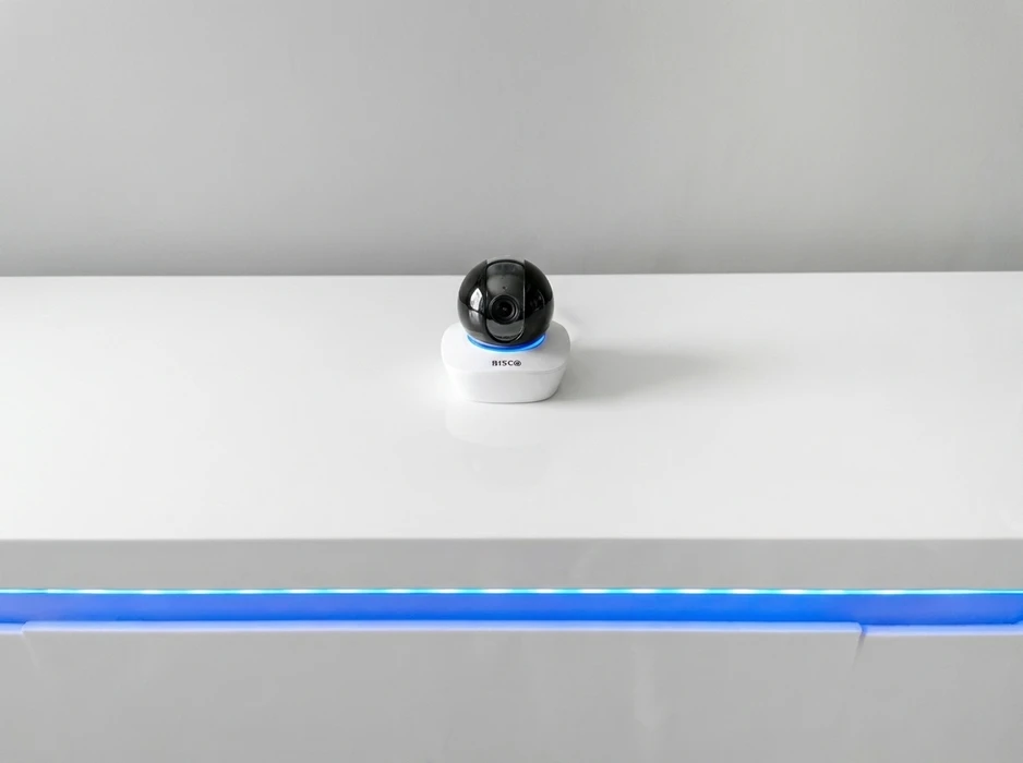 Caméra de surveillance intérieure PTZ (pan-tilt-zoom) posée sur une étagère blanche avec rétroéclairage LED bleu