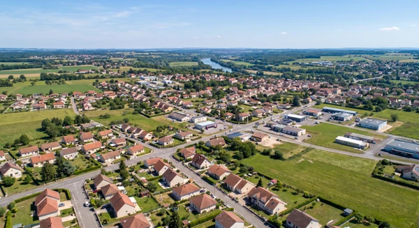 Photographie aérienne ou vue panoramique du paysage urbain/rural de Hauconcourt en Moselle, montrant l'habitat résidentiel et commercial caractéristique de la région, avec une perspective claire et professionnelle adaptée à un site d'électricien-installateur de sécurité. Privilégier une image en lumière naturelle claire, sans texte ni logo.