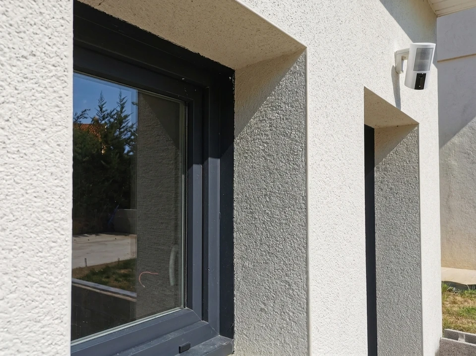 Personne en pull bleu utilisant une tablette tactile noire affichant un système de vidéosurveillance domestique avec grille de 12 caméras de sécurité montrant différentes pièces d'une maison