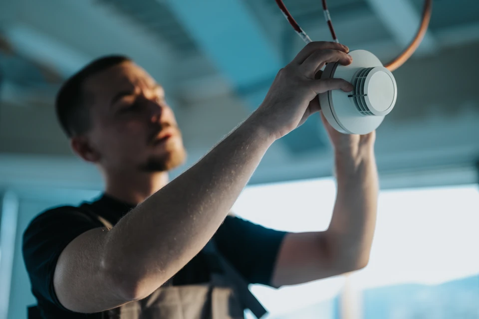 Photographie d'un technicien spécialisé en uniforme ou tenue professionnelle, en train de discuter avec le propriétaire ou gestionnaire d'un bâtiment. Le technicien pointe ou explique un système de sécurité électronique (camera de surveillance, détecteur ou panneau de commande visible) dans un environnement professionnel ou résidentiel. L'atmosphère doit transmettre la confiance, l'écoute et le conseil objectif. Les deux personnes sont engagées dans une conversation constructive, reflétant la relation client au cœur du service.