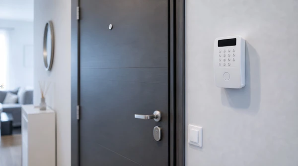 Plafond blanc d'intérieur avec détecteur de fumée circulaire monté au plafond