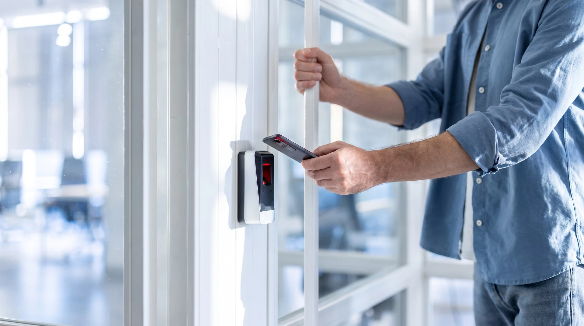 Une personne utilise un système de contrôle d'accès biométrique dans un hall d'immeuble moderne