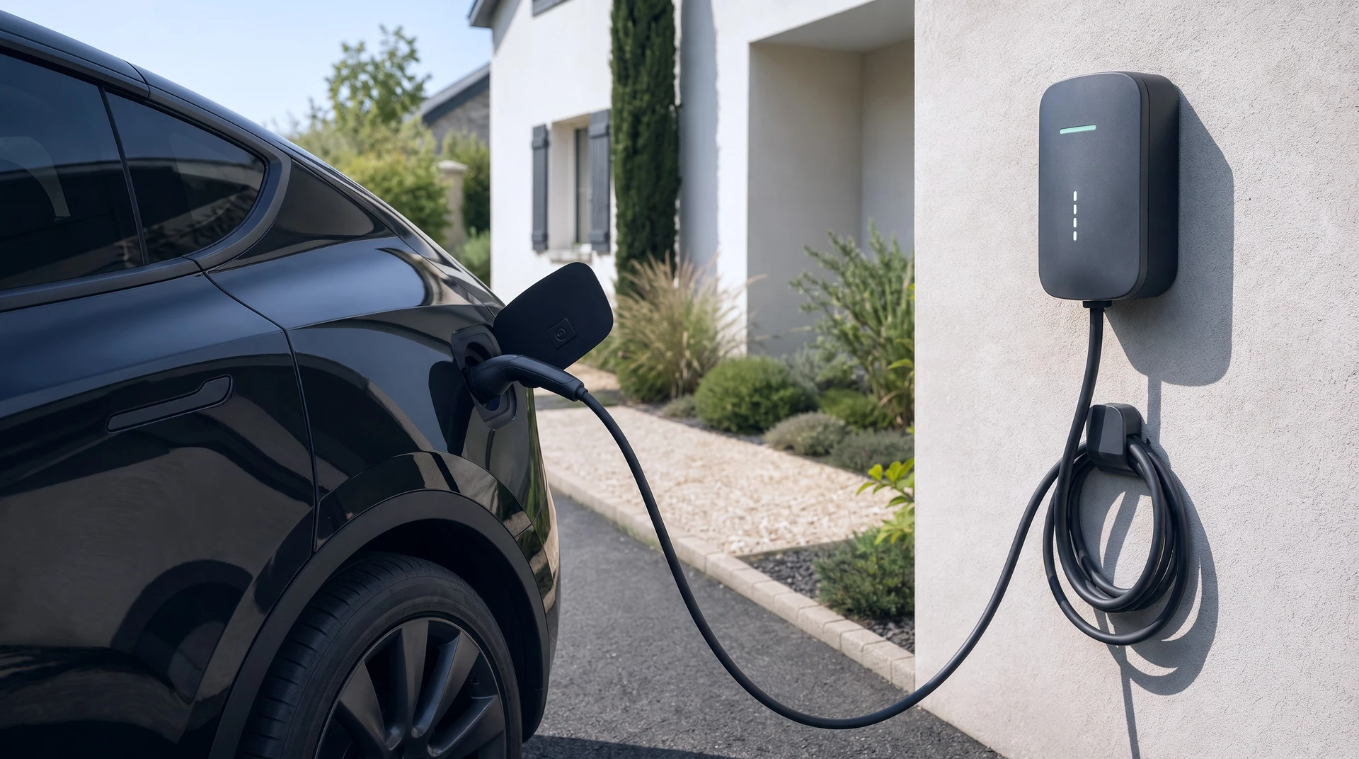 Véhicule électrique rouge en charge à l'extérieur, connecteur blanc inséré dans la prise de recharge latérale, environnement verdoyant visible en arrière-plan