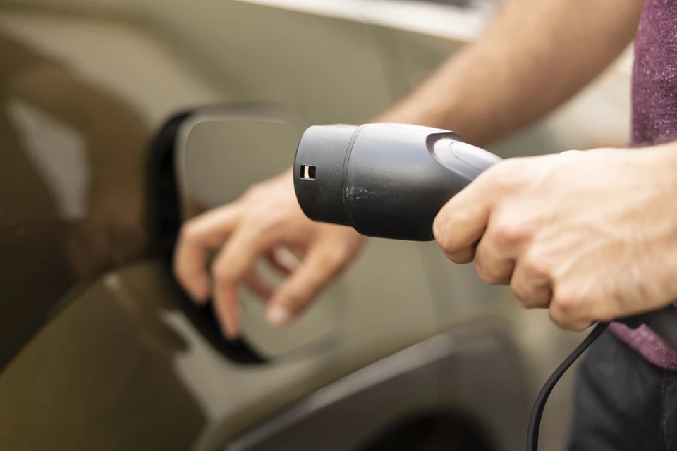 Extérieur, borne de recharge électrique ChargePoint installée dans un environnement résidentiel avec végétation en arrière-plan